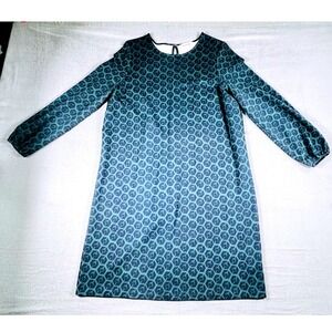 Boden Retro Shift Dress‎ Blue Green Geometric Print Long Sleeve Size 16/18L Mod